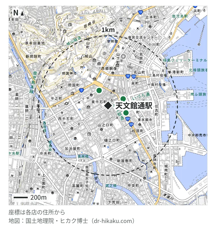 天文館通駅周辺(1km以内)のiPhone修理店 3店の位置図:iCrackedStore 鹿児島ロフト 235m、QuickRepair+ 天文館店 249m、スマホ修理王 鹿児島本店 278m