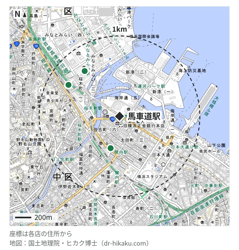 馬車道駅周辺（1km以内）のiPhone修理店 3店の位置図：スマホスピタル 横浜関内店 411m、iCrackedStore 横浜ランドマークタワー 704m、スマホ修理工房 みなとみらいコレットマーレ店 740m