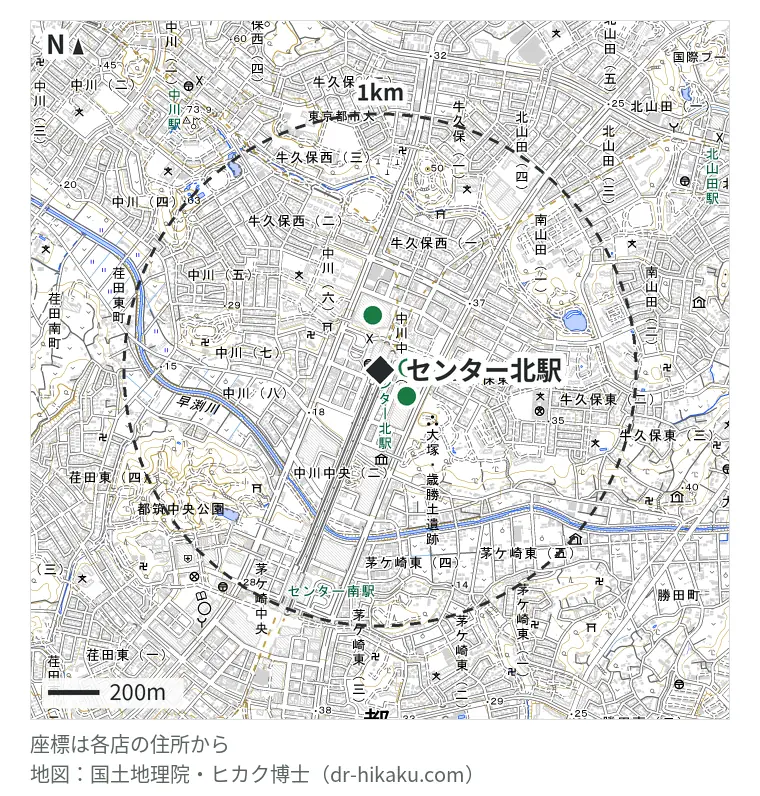 センター北駅周辺(1km以内)のiPhone修理店 3店の位置図:ノジマ センター北店 104m、スマプラ 港北ノースポートモール店 134m、iCrackedStore モザイクモール港北 203m