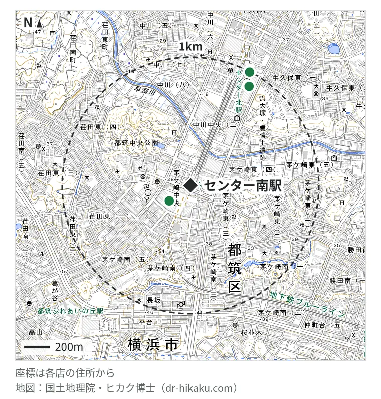 センター南駅周辺（1km以内）のiPhone修理店 3店の位置図：スマホ修理工房 港北TOKYUS.C.店 199m、スマプラ 港北ノースポートモール店 892m、ノジマ センター北店 990m