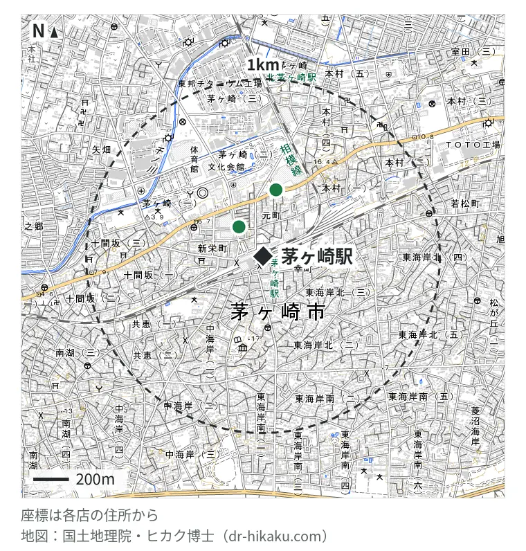 茅ヶ崎駅周辺（1km以内）のiPhone修理店 3店の位置図：アリマス本舗 茅ヶ崎店 185m、iCrackedStore そよら湘南茅ヶ崎 375m、ノジマ そよら湘南茅ヶ崎店 375m