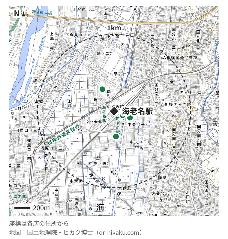 海老名駅周辺（1km以内）のiPhone修理店 4店の位置図：スマホ修理工房 海老名ビナウォーク店 48m、モバイル修理救急便 海老名マルイ店 112m、スマプラ ららぽーと海老名店 203m、iCrackedStore イオン海老名 255m