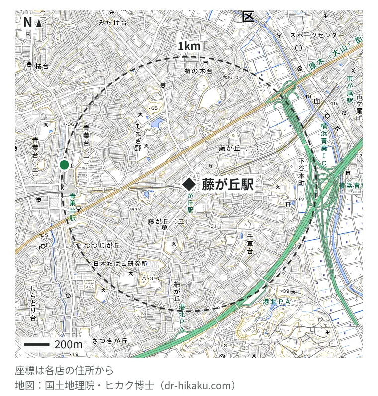 藤が丘駅周辺（1km以内）のiPhone修理店 1店の位置図：ダイワンテレコム 青葉台店 986m