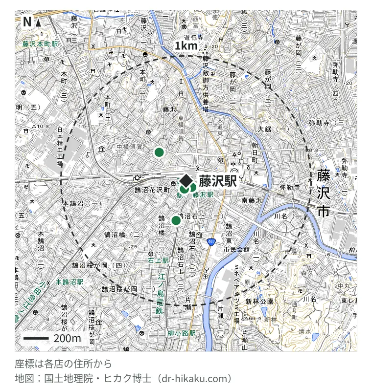 藤沢駅周辺（1km以内）のiPhone修理店 4店の位置図：モバイル修理救急便 藤沢ODAKYU湘南GATE店 60m、スマホ修理工房 藤沢OPA店 61m、スマホスピタル 藤沢店 230m、スマホ修理のクイック 藤沢店 233m