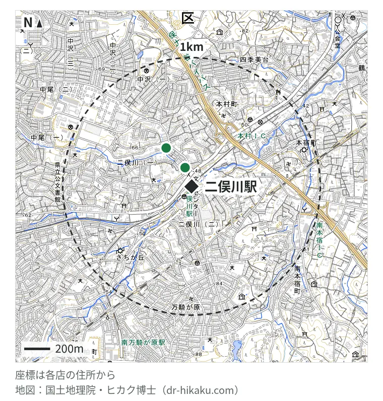 二俣川駅周辺（1km以内）のiPhone修理店 2店の位置図：スマホ修理工房 二俣川店 152m、iMC 二俣川店 356m