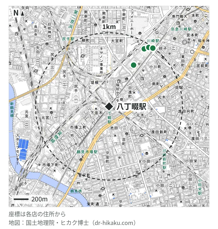 八丁畷駅周辺（1km以内）のiPhone修理店 4店の位置図：iCrackedStore 川崎ルフロン 650m、スマホ修理工房 川崎日航店 913m、スマップル 川崎店 963m、モバイル修理救急便 川崎アゼリア店 986m