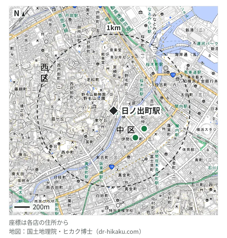 日ノ出町駅周辺（1km以内）のiPhone修理店 2店の位置図：スマホ修理工房 横浜関内店 451m、アリマス本舗 伊勢佐木モール店 463m