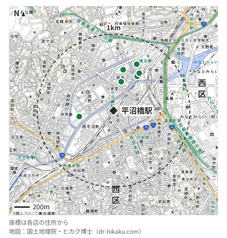 平沼橋駅周辺（1km以内）のiPhone修理店 7店の位置図：ダイワンテレコム 横浜西口店 389m、スマホ修理のクイック 横浜西口店 389m、ノジマ 横浜岡野店 452m、じゃんぱら 横浜店 542m、スマホ修理工房 横浜ビブレ店 546m、モバイル修理救急便 横浜西口店 590m、スマホスピタル 横浜駅前店 676m