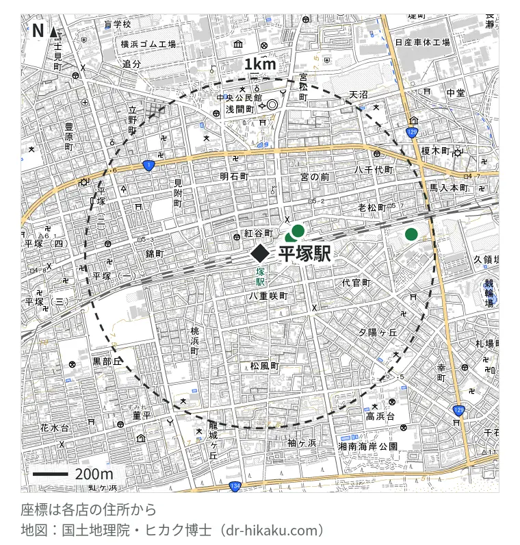 平塚駅周辺（1km以内）のiPhone修理店 3店の位置図：モバイアス ラスカ平塚店 196m、ダイワンテレコム 平塚駅前店 251m、スマホ修理工房 平塚OSC湘南シティ店 868m