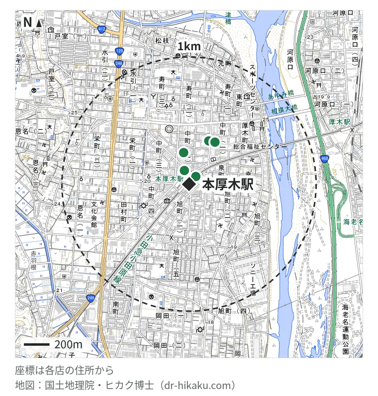 本厚木駅周辺（1km以内）のiPhone修理店 6店の位置図：iPhone修理アイサポ 本厚木ミロード店 80m、ノジマ 本厚木ミロード店 111m、RepairWorld 本厚木店 249m、モバイル修理救急便 厚木アミューあつぎ店 371m、ドクター・ホームネット 神奈川厚木店 386m、スマホスピタル 厚木ガーデンシティ 386m