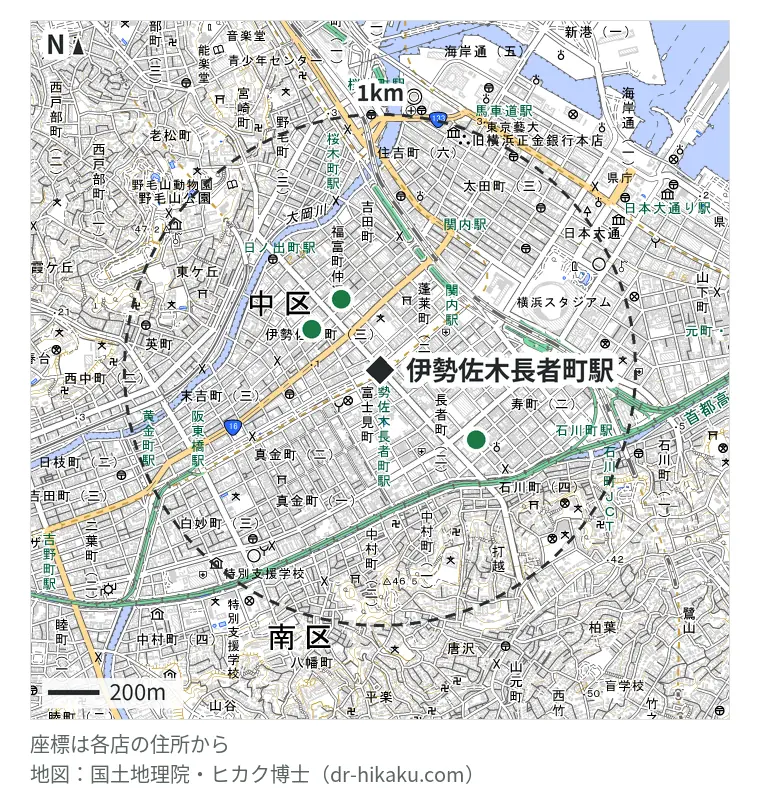 伊勢佐木長者町駅周辺（1km以内）のiPhone修理店 3店の位置図：スマホ修理工房 横浜関内店 309m、アリマス本舗 伊勢佐木モール店 314m、iPhone修理アイサポ 伊勢佐木長者町店 462m