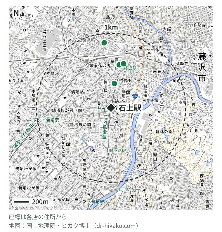 石上駅周辺(1km以内)のiPhone修理店 4店の位置図:スマホ修理のクイック 藤沢店 328m、スマホ修理工房 藤沢OPA店 586m、モバイル修理救急便 藤沢ODAKYU湘南GATE店 613m、スマホスピタル 藤沢店 873m