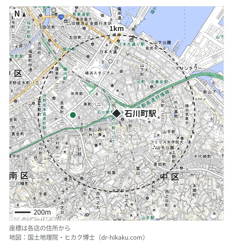 石川町駅周辺（1km以内）のiPhone修理店 2店の位置図：iPhone修理アイサポ 横浜元町中華街店 215m、iPhone修理アイサポ 伊勢佐木長者町店 553m