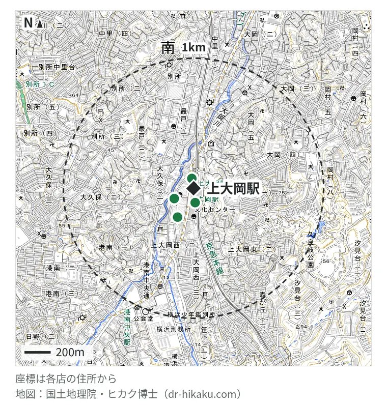 上大岡駅周辺（1km以内）のiPhone修理店 4店の位置図：スマホスピタル 上大岡 79m、スマホ修理工房 ウイング上大岡店 111m、iPhoneリペアサービス 上大岡店 138m、iCrackedStore 上大岡 233m