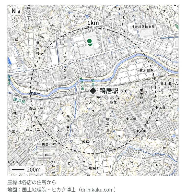 鴨居駅周辺（1km以内）のiPhone修理店 2店の位置図：スマプラ ららぽーと横浜店 748m、クイックガレージ ららぽーと横浜 787m