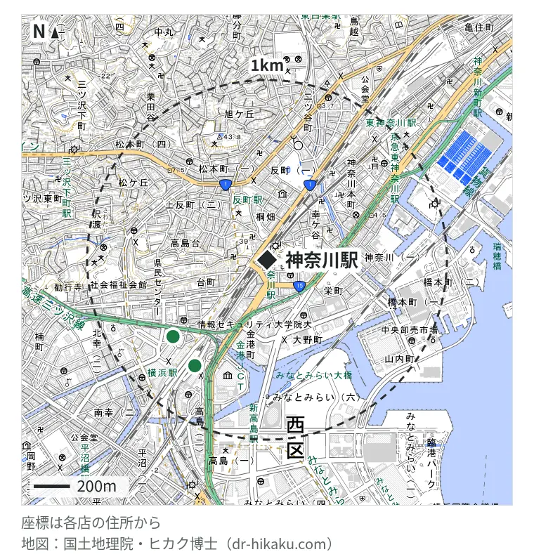 神奈川駅周辺（1km以内）のiPhone修理店 2店の位置図：モバイアス 横浜店 672m、モバイル修理救急便 横浜ポルタ店（東口） 709m