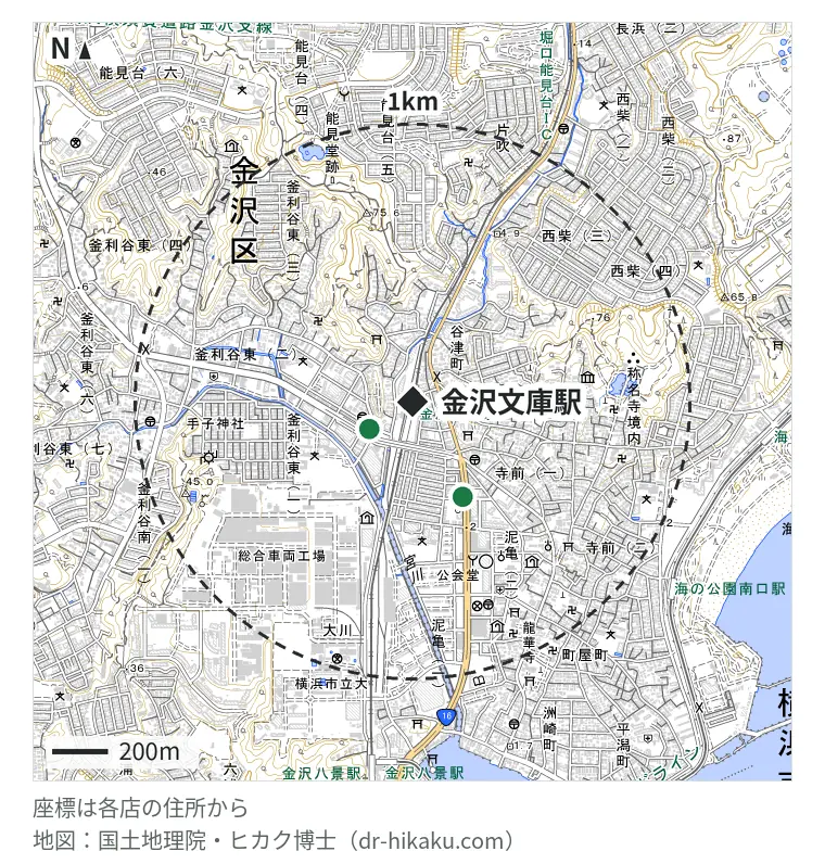 金沢文庫駅周辺（1km以内）のiPhone修理店 2店の位置図：スマートファボ 金沢文庫店 183m、SmaFast 金沢文庫店 386m