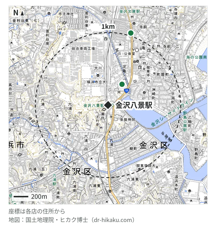 金沢八景駅周辺(1km以内)のiPhone修理店 2店の位置図:ノジマ 金沢八景店 294m、SmaFast 金沢文庫店 992m
