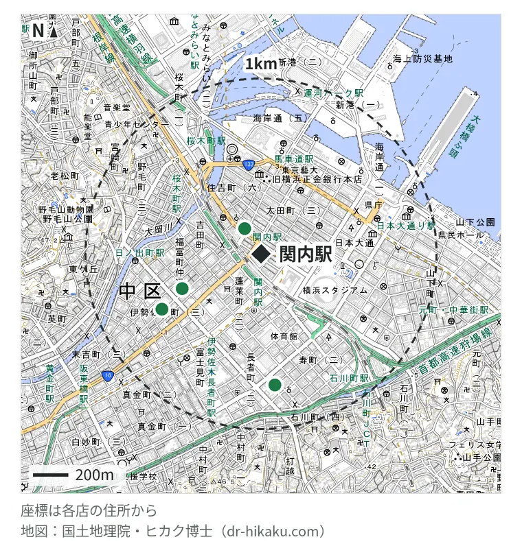 関内駅周辺（1km以内）のiPhone修理店 4店の位置図：スマホスピタル 横浜関内店 124m、アリマス本舗 伊勢佐木モール店 453m、スマホ修理工房 横浜関内店 594m、iPhone修理アイサポ 伊勢佐木長者町店 629m