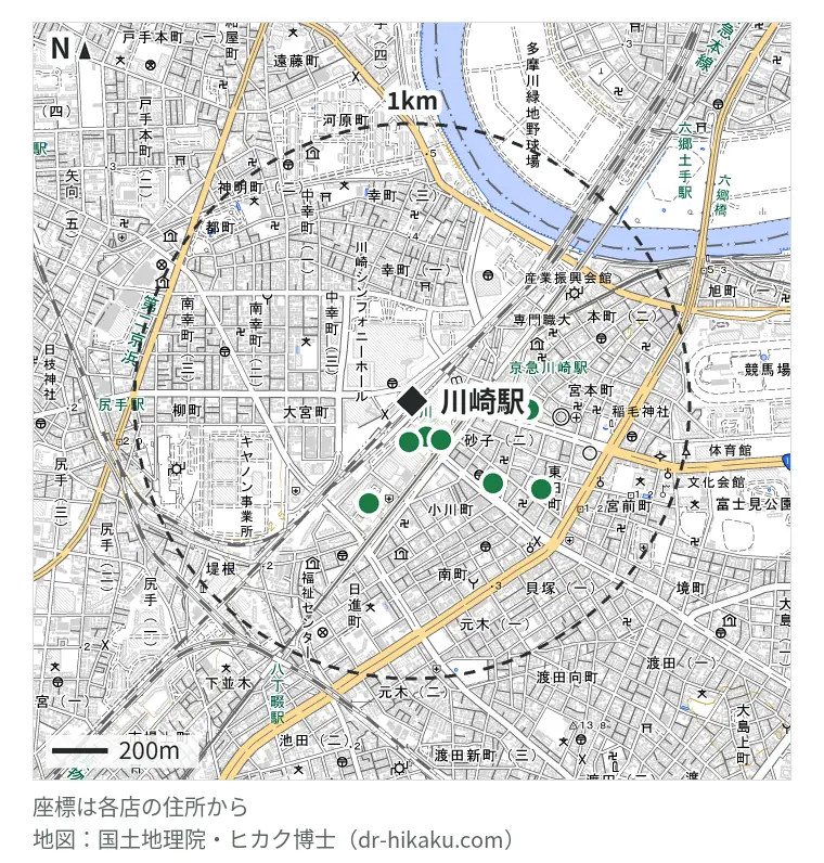 川崎駅周辺（1km以内）のiPhone修理店 8店の位置図：スマップル 川崎店 137m、スマホ修理工房 川崎日航店 147m、モバイル修理救急便 川崎アゼリア店 173m、iPhone修理アイサポ 川崎店 321m、iCrackedStore 川崎ルフロン 398m、リンゴ屋 川崎店 412m、じゃんぱら 川崎店 419m、スマホシェルジュ 神奈川 川崎店 561m