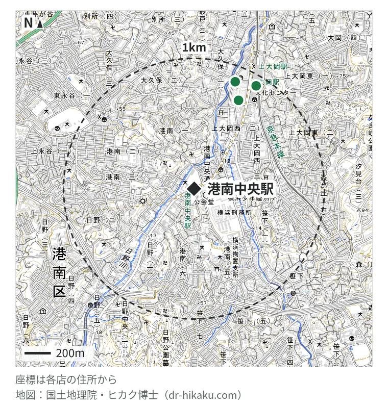 港南中央駅周辺（1km以内）のiPhone修理店 3店の位置図：iCrackedStore 上大岡 754m、iPhoneリペアサービス 上大岡店 874m、スマホ修理工房 ウイング上大岡店 916m
