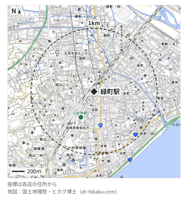 緑町駅周辺（1km以内）のiPhone修理店 2店の位置図：スマホスピタル 小田原 454m、iPhone修理屋 小田原店 454m