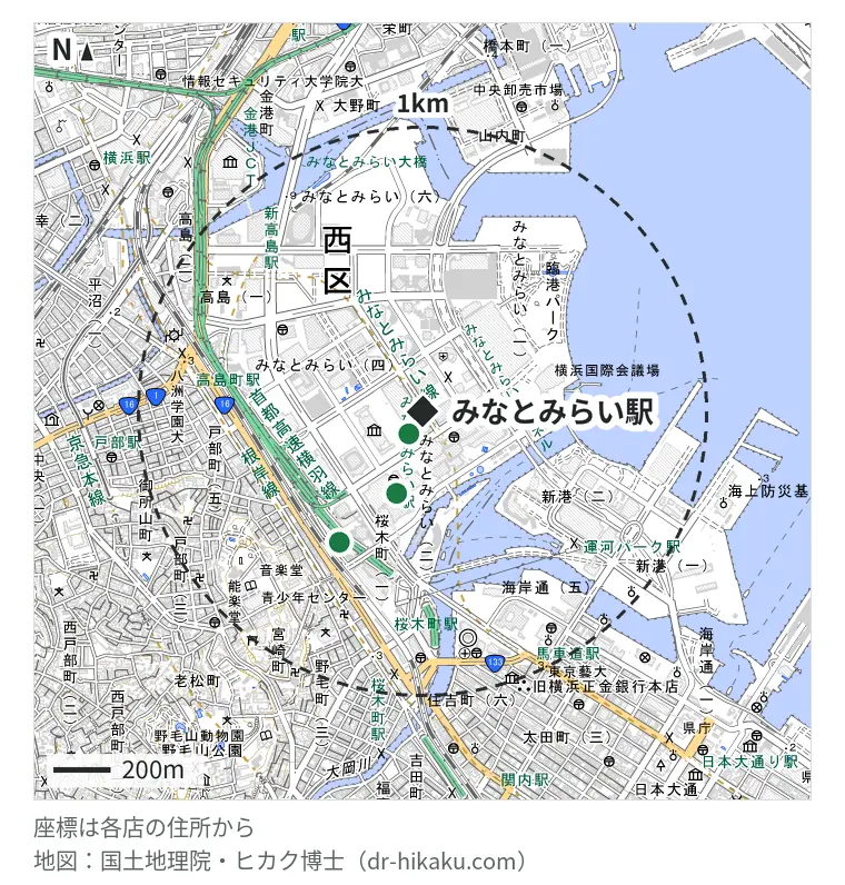 みなとみらい駅周辺（1km以内）のiPhone修理店 3店の位置図：ノジマ MARK IS みなとみらい店 93m、iCrackedStore 横浜ランドマークタワー 301m、スマホ修理工房 みなとみらいコレットマーレ店 542m