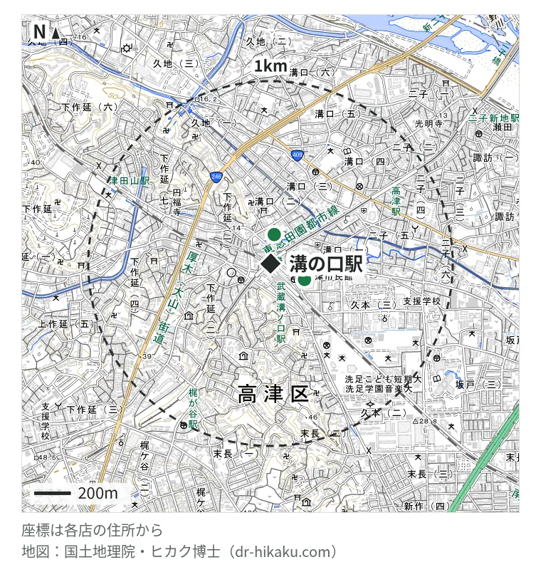 溝の口駅周辺（1km以内）のiPhone修理店 4店の位置図：iPhone修理工房 溝の口店 (スマホ修理工房内) 160m、モバイル修理救急便 マルイファミリー溝口店 203m、ノジマ マルイファミリー溝口店 203m、RepairWorld 溝の口店 216m