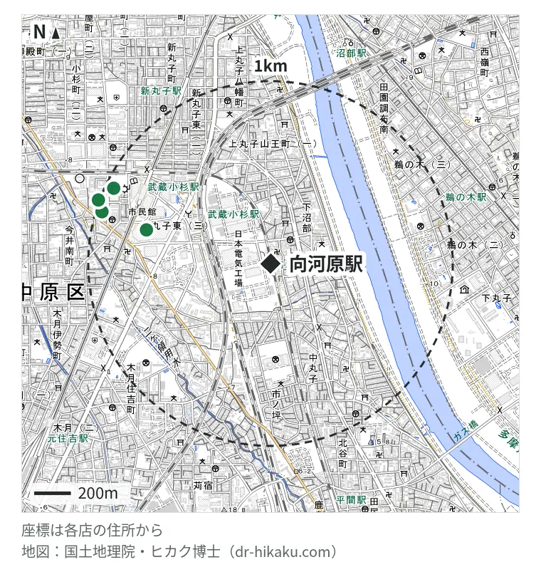 向河原駅周辺（1km以内）のiPhone修理店 5店の位置図：スマプラ グランツリー武蔵小杉店 701m、ノジマ イトーヨーカドー武蔵小杉駅前店 947m、スマホラボ 武蔵小杉店 961m、スマホスピタル 武蔵小杉店 961m、モバイル修理救急便 武蔵小杉店 1000m