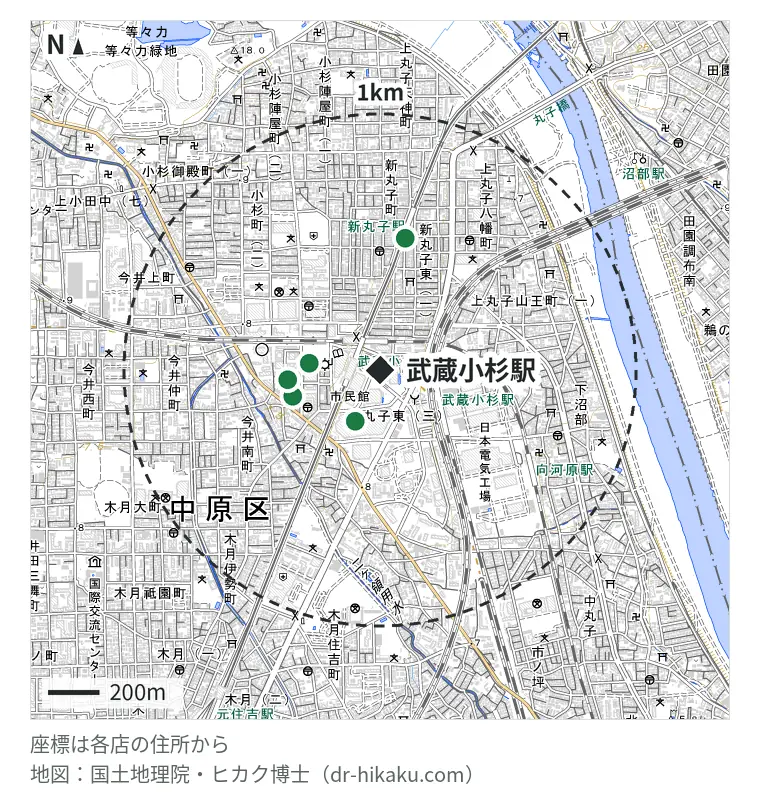 武蔵小杉駅周辺（1km以内）のiPhone修理店 6店の位置図：ノジマ イトーヨーカドー武蔵小杉駅前店 158m、スマプラ グランツリー武蔵小杉店 202m、スマホラボ 武蔵小杉店 243m、スマホスピタル 武蔵小杉店 243m、モバイル修理救急便 武蔵小杉店 243m、iPhone修理アイサポ 新丸子駅前店 455m