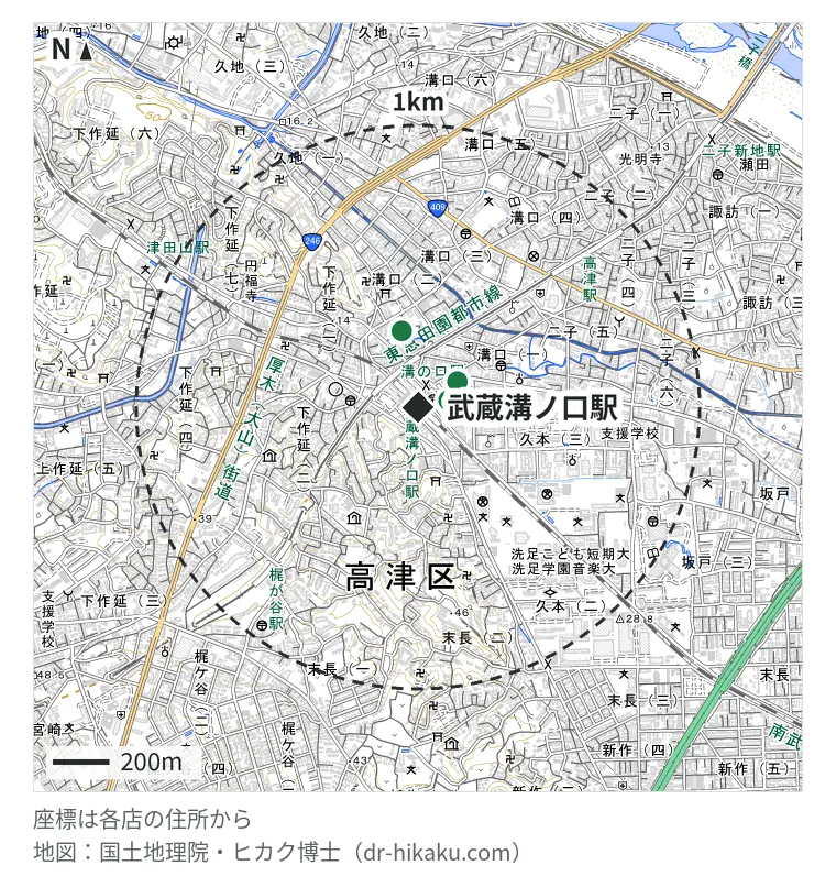 武蔵溝ノ口駅周辺（1km以内）のiPhone修理店 4店の位置図：モバイル修理救急便 マルイファミリー溝口店 110m、ノジマ マルイファミリー溝口店 110m、RepairWorld 溝の口店 165m、iPhone修理工房 溝の口店 (スマホ修理工房内) 274m