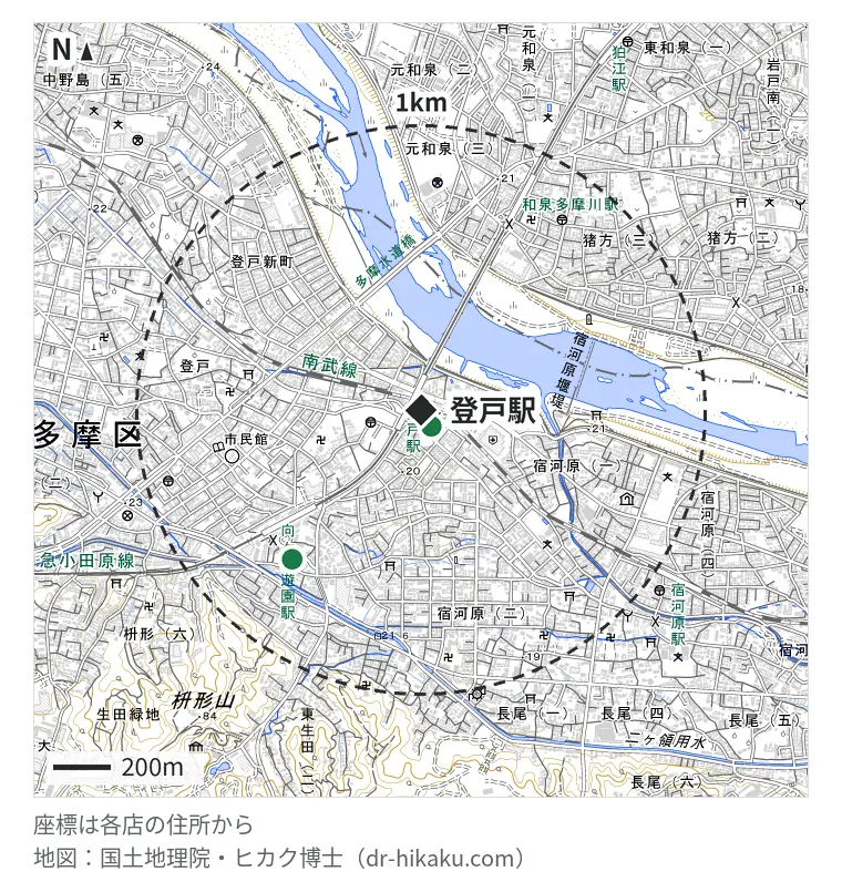 登戸駅周辺（1km以内）のiPhone修理店 2店の位置図：スマホスピタル 登戸・向ヶ丘遊園 57m、スマホ修理工房 向ヶ丘遊園店 662m