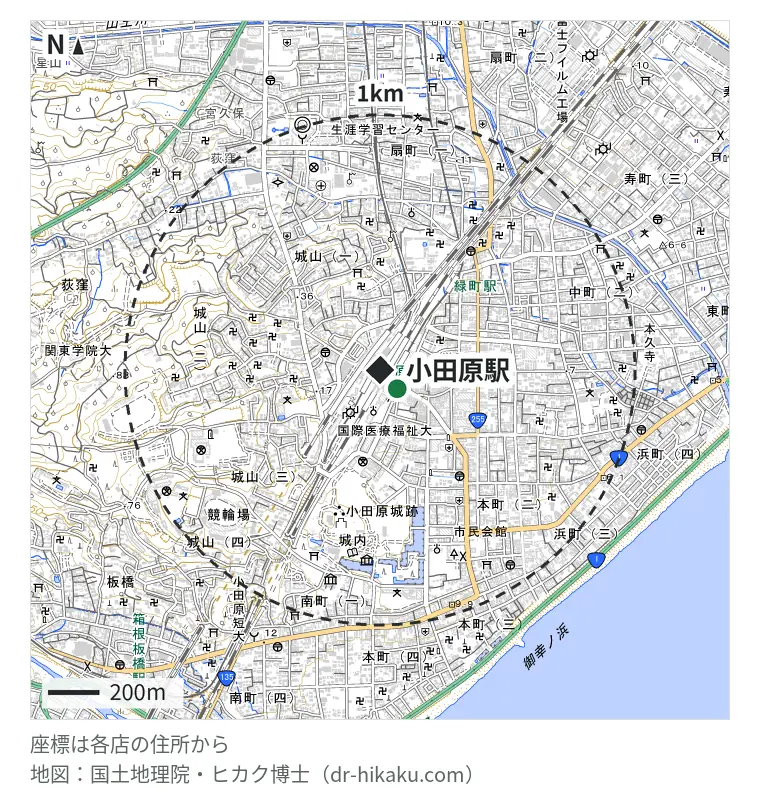 小田原駅周辺（1km以内）のiPhone修理店 2店の位置図：スマホスピタル 小田原 73m、iPhone修理屋 小田原店 73m