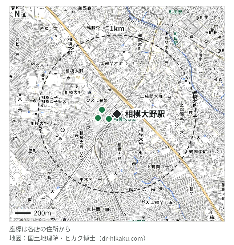 相模大野駅周辺（1km以内）のiPhone修理店 3店の位置図：モバイル修理救急便 相模大野ステーションスクエア店 119m、スマホBuyerJapan 相模大野店 196m、あいプロ ボーノ相模大野店 245m