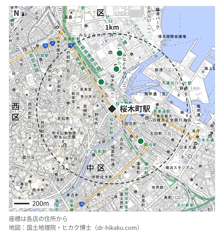 桜木町駅周辺（1km以内）のiPhone修理店 4店の位置図：スマホ修理工房 みなとみらいコレットマーレ店 312m、iCrackedStore 横浜ランドマークタワー 447m、スマホスピタル 横浜関内店 518m、ノジマ MARK IS みなとみらい店 658m