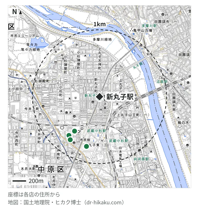 新丸子駅周辺（1km以内）のiPhone修理店 6店の位置図：iPhone修理アイサポ 新丸子駅前店 27m、ノジマ イトーヨーカドー武蔵小杉駅前店 631m、モバイル修理救急便 武蔵小杉店 733m、スマプラ グランツリー武蔵小杉店 762m、スマホラボ 武蔵小杉店 773m、スマホスピタル 武蔵小杉店 773m