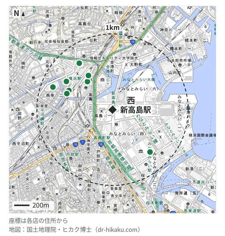 新高島駅周辺（1km以内）のiPhone修理店 8店の位置図：iPhone修理屋 横浜店 494m、モバイル修理救急便 横浜ポルタ店（東口） 548m、モバイル修理救急便 横浜西口店 625m、じゃんぱら 横浜店 635m、スマホスピタル 横浜駅前店 709m、ノジマ MARK IS みなとみらい店 743m、モバイアス 横浜店 748m、スマホ修理工房 横浜ビブレ店 837m