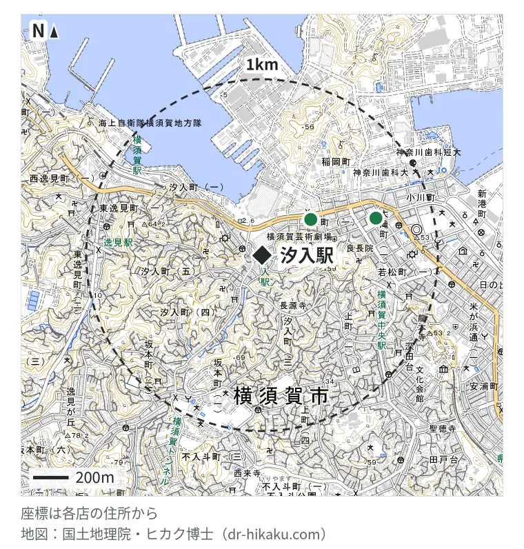 汐入駅周辺（1km以内）のiPhone修理店 3店の位置図：iPhone修理アイサポ CoaskaBayside横須賀店 342m、ノジマ コースカベイサイド横須賀店 342m、スマホ修理工房 さいか屋横須賀店 678m