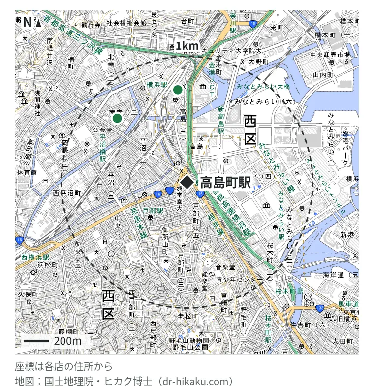 高島町駅周辺(1km以内)のiPhone修理店 3店の位置図:iPhone修理屋 横浜店 734m、ダイワンテレコム 横浜西口店 746m、スマホ修理のクイック 横浜西口店 746m