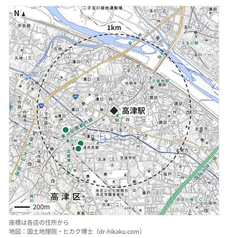 高津駅周辺（1km以内）のiPhone修理店 4店の位置図：RepairWorld 溝の口店 606m、iPhone修理工房 溝の口店 (スマホ修理工房内) 673m、モバイル修理救急便 マルイファミリー溝口店 675m、ノジマ マルイファミリー溝口店 675m