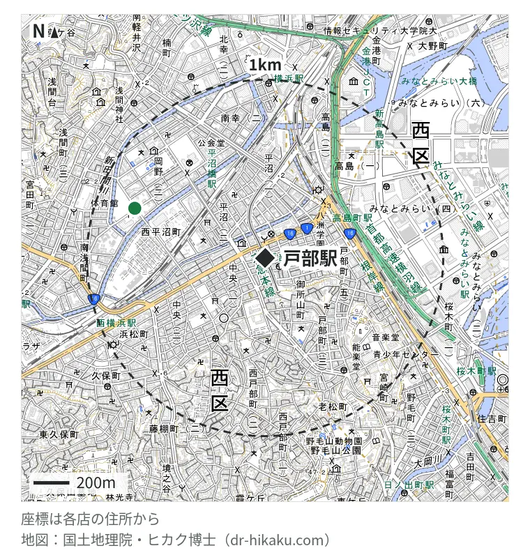 戸部駅周辺（1km以内）のiPhone修理店 1店の位置図：ノジマ 横浜岡野店 777m