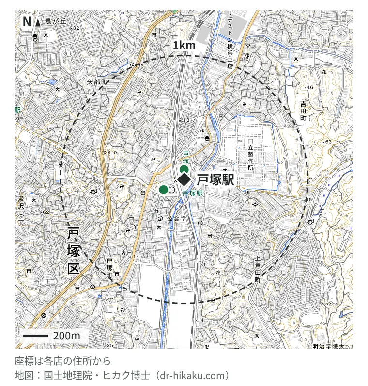 戸塚駅周辺（1km以内）のiPhone修理店 3店の位置図：スマホ修理工房 横浜戸塚モディ店 49m、じゃんぱら 戸塚トツカーナ店 145m、モバイル修理救急便 戸塚トツカーナ店 145m