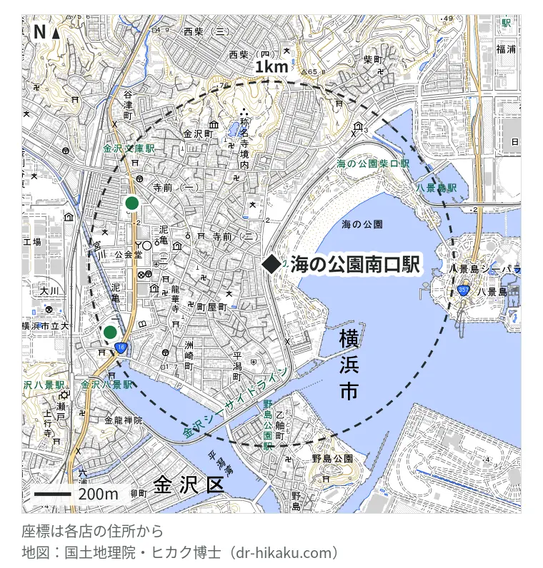海の公園南口駅周辺（1km以内）のiPhone修理店 2店の位置図：SmaFast 金沢文庫店 829m、ノジマ 金沢八景店 954m