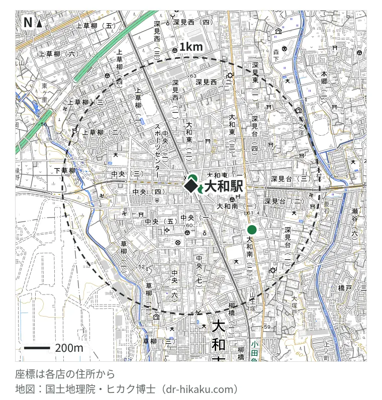 大和駅周辺(1km以内)のiPhone修理店 4店の位置図:モバイル修理救急便 大和駅前店 58m、RepairWorld 大和店 66m、スマホ修理のクイック 神奈川 大和本店 66m、ノジマ 大和店 558m