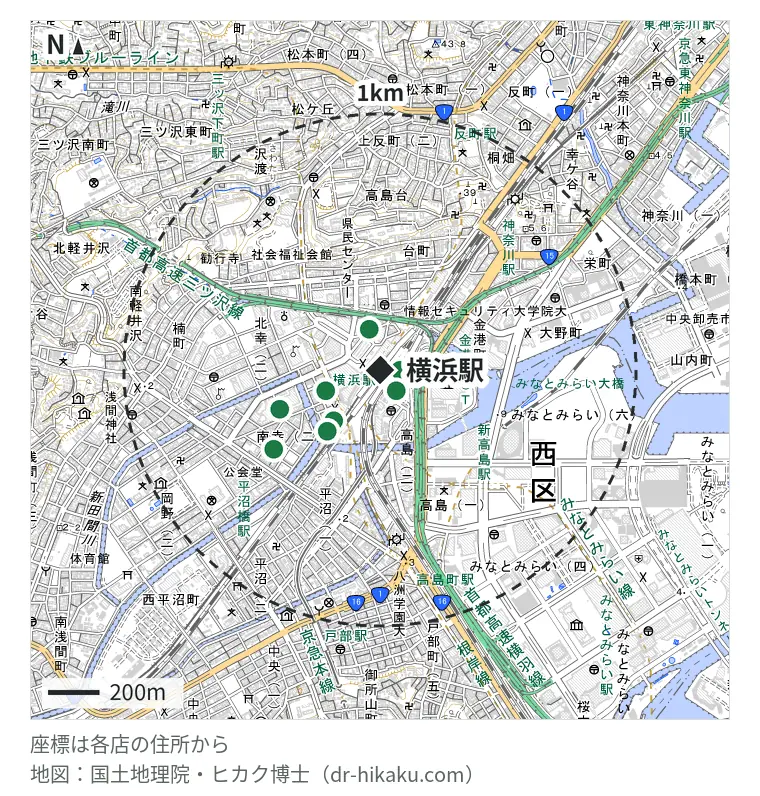 横浜駅周辺（1km以内）のiPhone修理店 9店の位置図：モバイル修理救急便 横浜ポルタ店（東口） 31m、スマホスピタル 横浜駅前店 34m、iPhone修理屋 横浜店 64m、モバイアス 横浜店 126m、モバイル修理救急便 横浜西口店 132m、じゃんぱら 横浜店 173m、スマホ修理工房 横浜ビブレ店 227m、ダイワンテレコム 横浜西口店 336m、スマホ修理のクイック 横浜西口店 336m