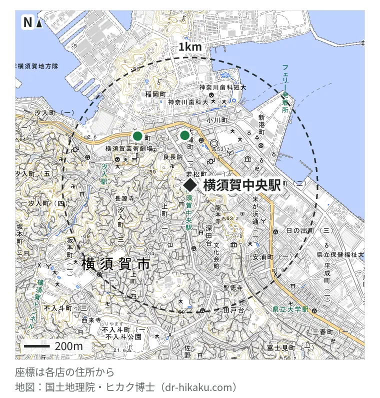 横須賀中央駅周辺（1km以内）のiPhone修理店 3店の位置図：スマホ修理工房 さいか屋横須賀店 389m、iPhone修理アイサポ CoaskaBayside横須賀店 558m、ノジマ コースカベイサイド横須賀店 558m