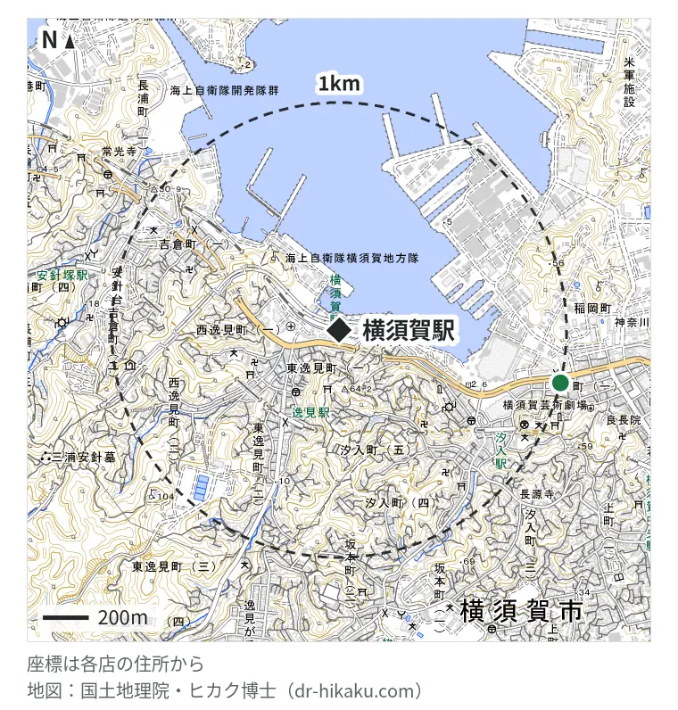 横須賀駅周辺（1km以内）のiPhone修理店 2店の位置図：iPhone修理アイサポ CoaskaBayside横須賀店 995m、ノジマ コースカベイサイド横須賀店 995m