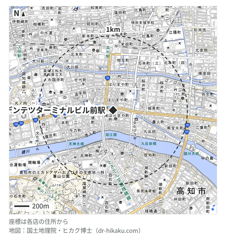 デンテツターミナルビル前駅周辺（1km以内）のiPhone修理店 1店の位置図：カメラのキタムラ Apple製品修理サービス高知・堺町店 208m
