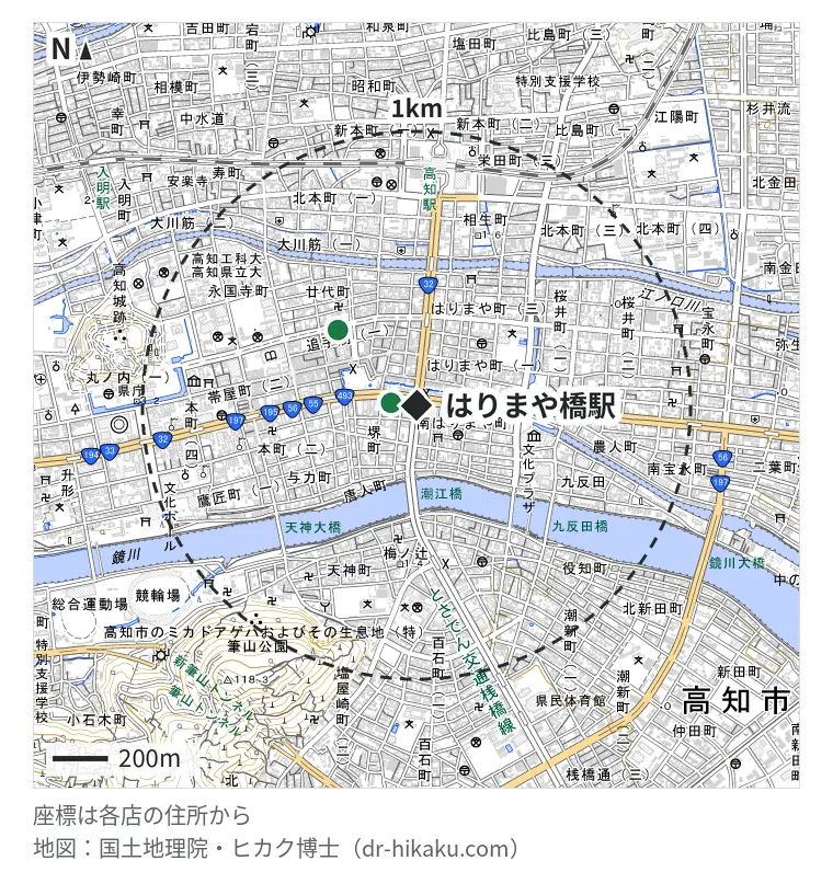はりまや橋駅周辺（1km以内）のiPhone修理店 2店の位置図：カメラのキタムラ Apple製品修理サービス高知・堺町店 95m、スマホスピタル 高知店 383m