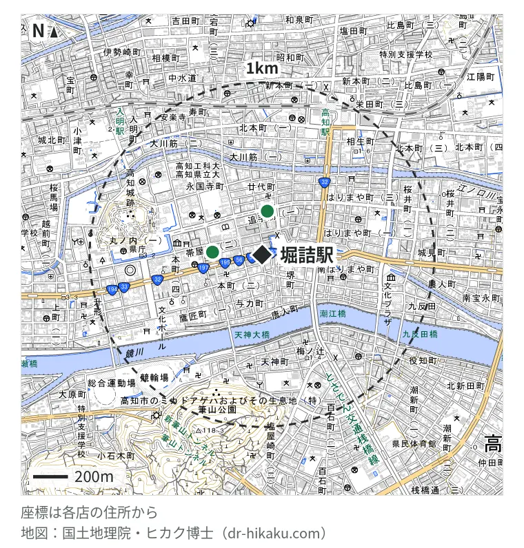 堀詰駅周辺（1km以内）のiPhone修理店 3店の位置図：カメラのキタムラ Apple製品修理サービス高知・堺町店 225m、スマホスピタル 高知店 254m、iPhone即日修理屋さん 高知店 286m